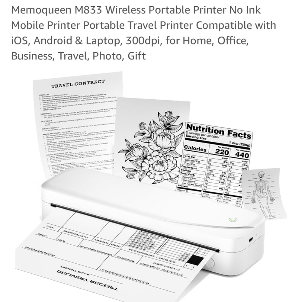 Wireless portable thermal printer. Paper roll included